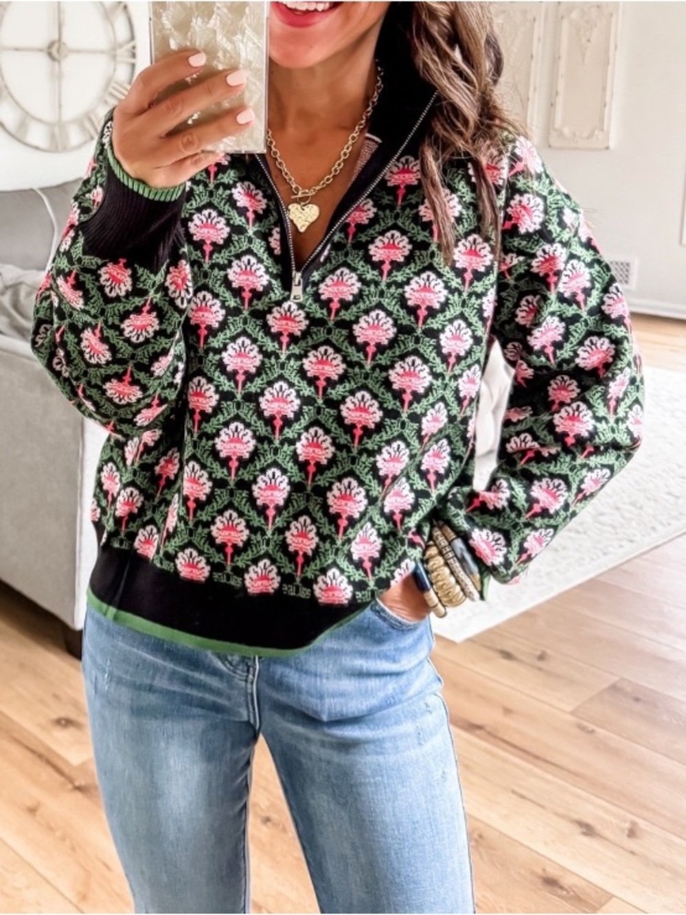 Quarter-Zip Floral Knit Pullover Hoodie - Pink on Green🚌